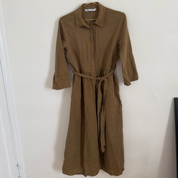 Zara Dresses & Skirts - Linen midi shirt dress with removable tie waist